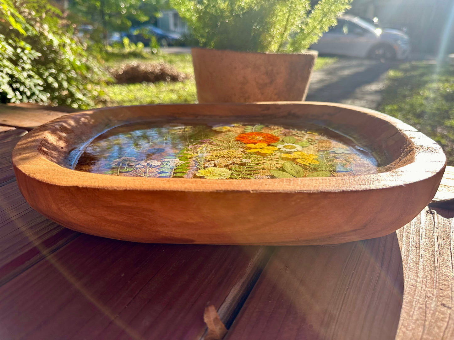 Wooden Dough Bowl: Resin Pressed Flower